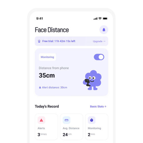 Screen Distance app showing a live face-to-phone distance of 35 cm