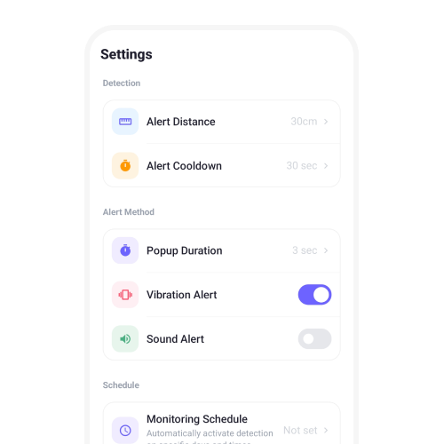 Screen Distance settings screen with alert distance, alert cooldown, vibration and sound options