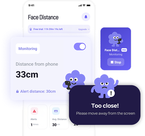 Screen Distance showing a Too close alert over the current app